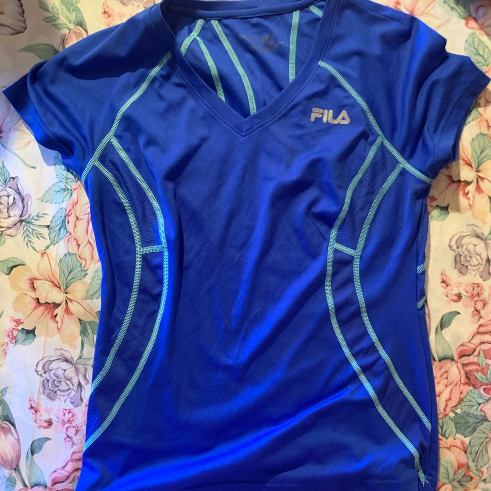 Fila Royal Blue V-Neck Athletic Tee with Teal Piping